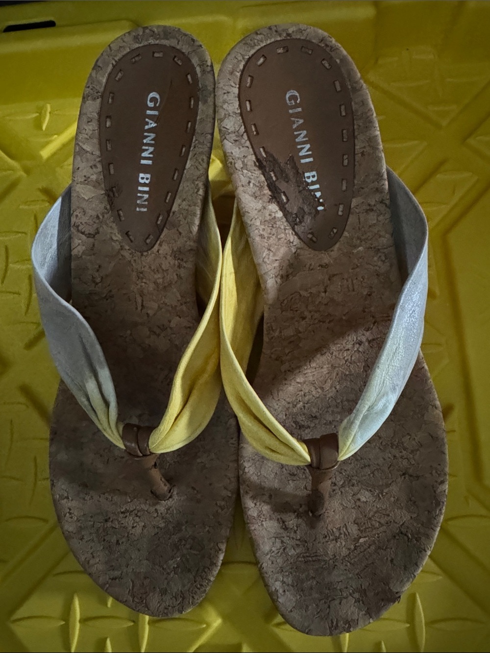 Gianni Bini Two-Tone Yellow and Gray Cork Thong Sandals